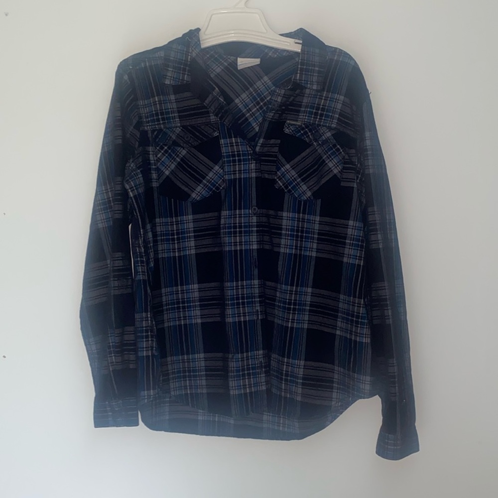 Columbia Dark Blue Plaid Flannel Shirt Womens Size L Winter Thick Warm Material